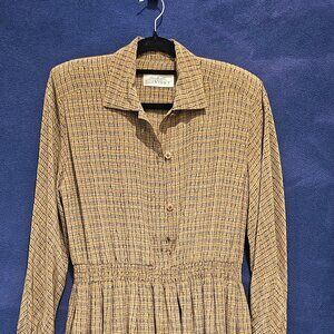 Vintage Ellen Tracy Women's Midi Brown Dress Size 8 Long Sleeve Silk Plaid